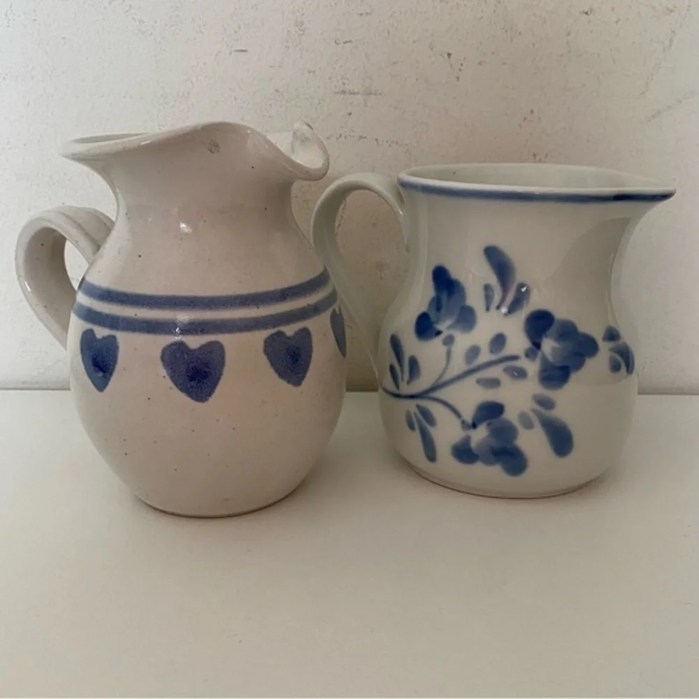 Pier 1 White Blue White Hand-painted Milk Cream Pitchers Home Decor Set of 2